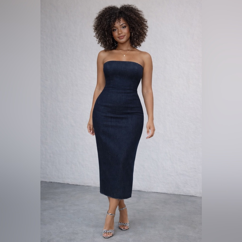 Zara Navy Blue Long Denim Fitted Dress